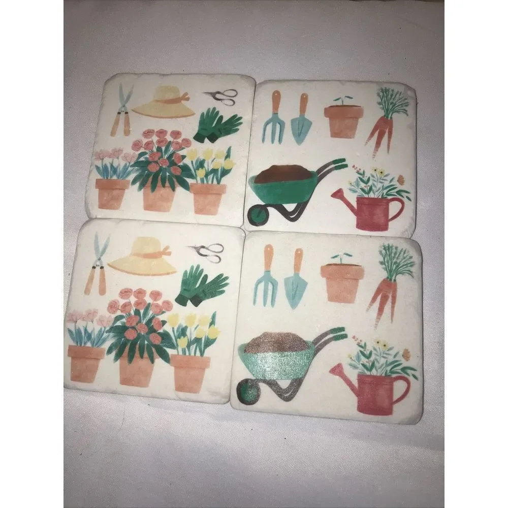 Tabletop Gardening Coaster Set/4 Resin Flowers Hat Wheel Barrow Cg175957